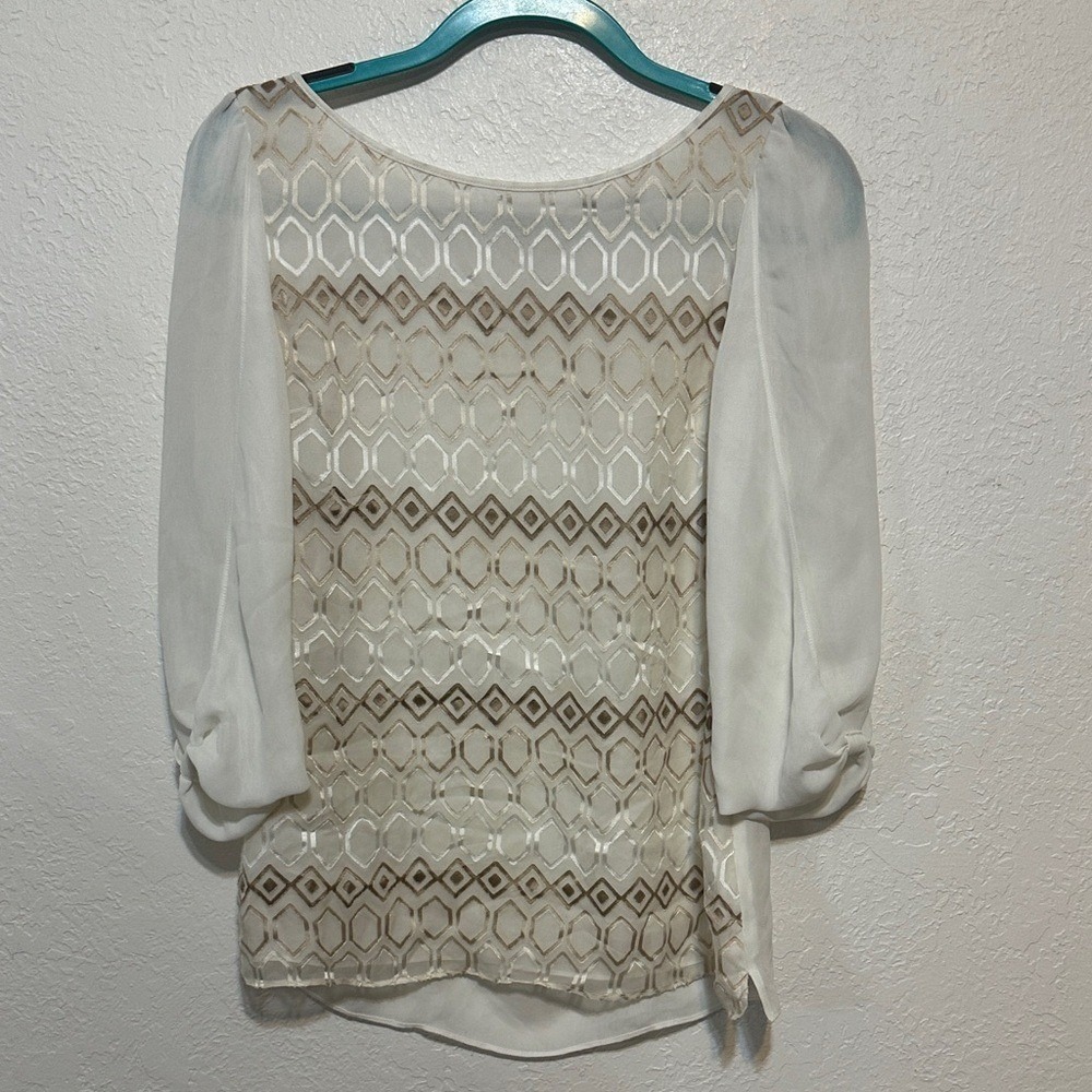 White House Black Market Geometric Embroidered Bow Sleeve Blouse White Gold